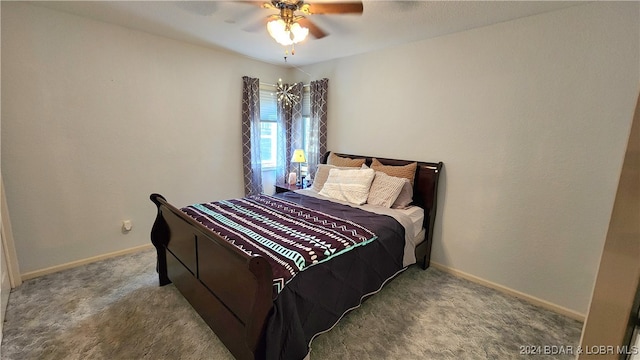 bedroom with light carpet and ceiling fan