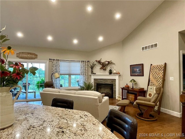 living room with wood-type flooring and high vaulted ceiling