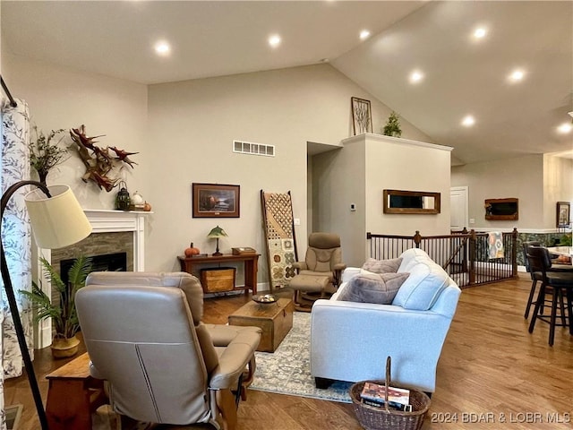 living room featuring high vaulted ceiling and light hardwood / wood-style floors