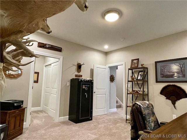 home office with light colored carpet