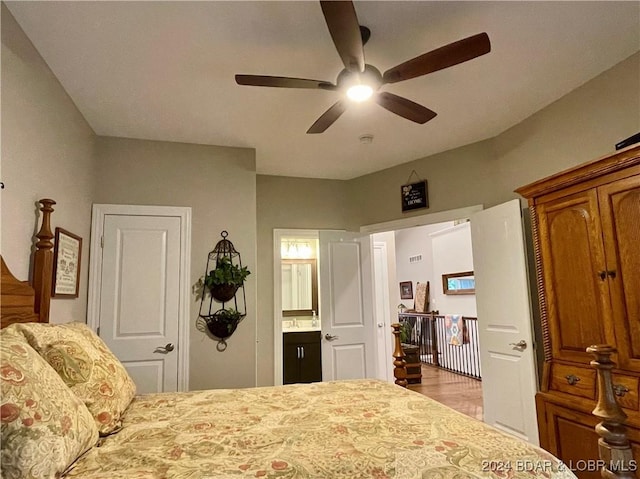 bedroom featuring connected bathroom and ceiling fan