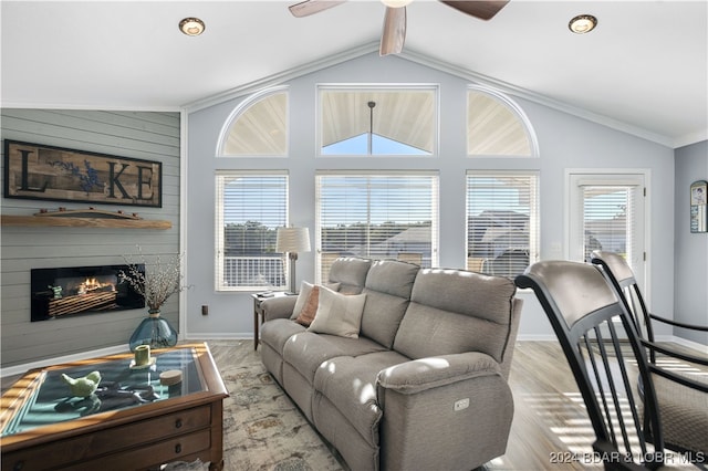 living room with lofted ceiling, a wealth of natural light, a fireplace, and light hardwood / wood-style floors