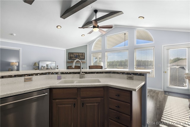 kitchen featuring dark brown cabinetry, sink, lofted ceiling with beams, dark hardwood / wood-style floors, and dishwasher