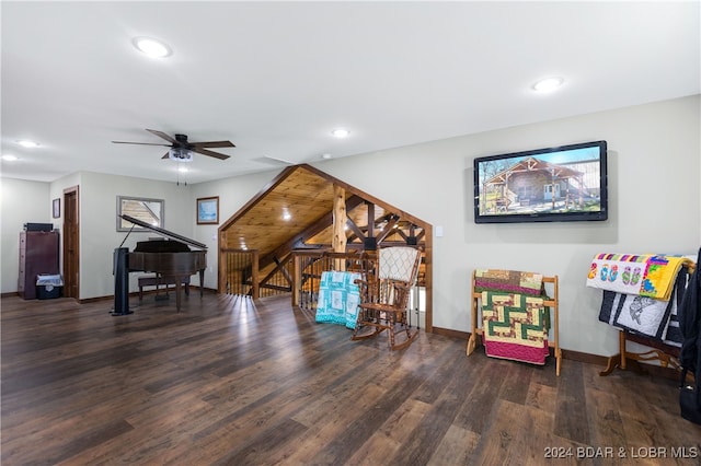 recreation room featuring dark wood-type flooring and ceiling fan