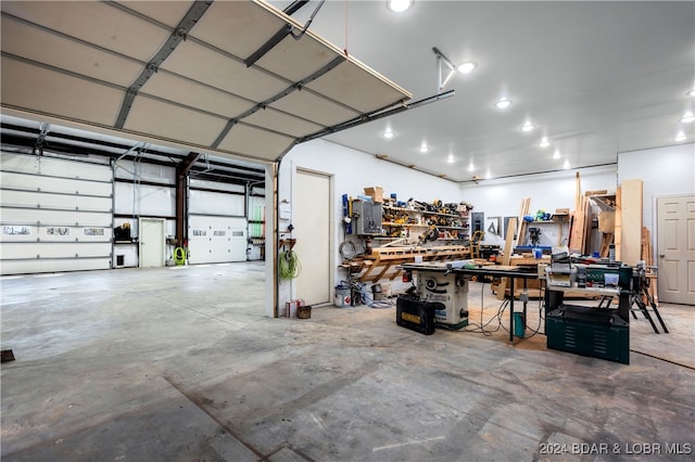 garage with a workshop area