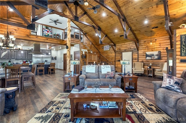 living room featuring beam ceiling, high vaulted ceiling, wood ceiling, hardwood / wood-style flooring, and log walls