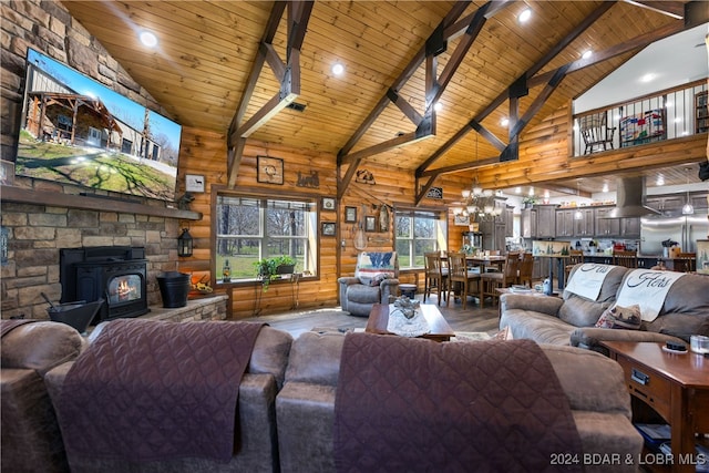 living room featuring a wood stove, high vaulted ceiling, and wooden ceiling