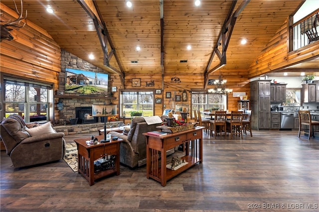 living room featuring high vaulted ceiling, wood walls, dark hardwood / wood-style flooring, and wooden ceiling