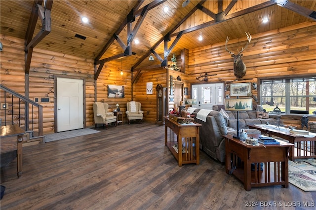 living room featuring high vaulted ceiling, dark wood-type flooring, log walls, and wooden ceiling