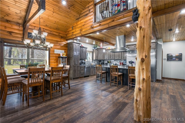 dining area with high vaulted ceiling, dark hardwood / wood-style floors, wooden ceiling, and an inviting chandelier