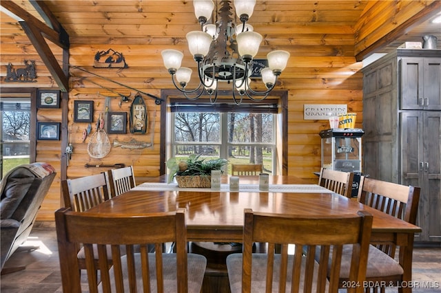 dining area with plenty of natural light, wood ceiling, and log walls