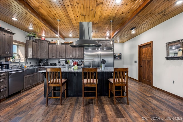 kitchen with appliances with stainless steel finishes, wood ceiling, island range hood, and a kitchen island