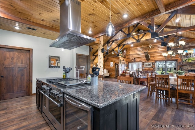 kitchen with wooden ceiling, dark stone counters, beverage cooler, island exhaust hood, and dark hardwood / wood-style flooring