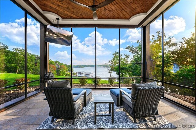 sunroom / solarium featuring a water view, ceiling fan, and wooden ceiling