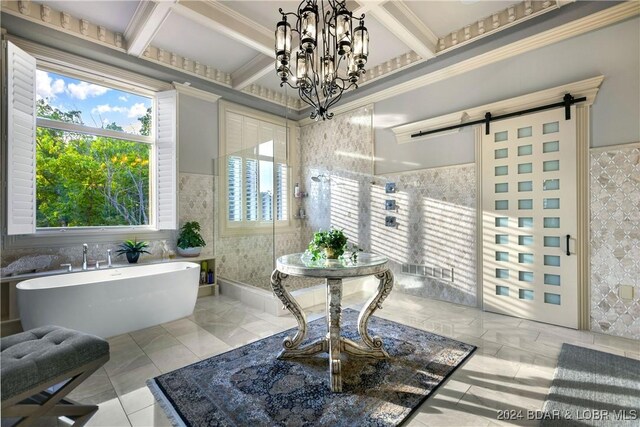 bathroom featuring beamed ceiling, tile walls, and coffered ceiling