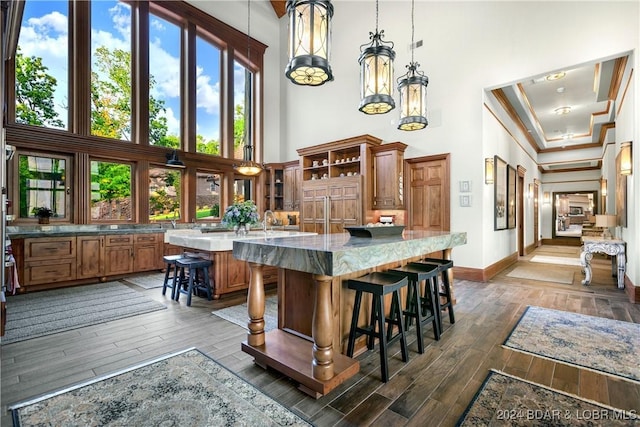 kitchen with dark hardwood / wood-style flooring, pendant lighting, a kitchen bar, and a large island