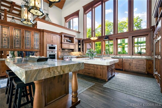 kitchen featuring a towering ceiling, stainless steel appliances, dark wood-type flooring, and an island with sink