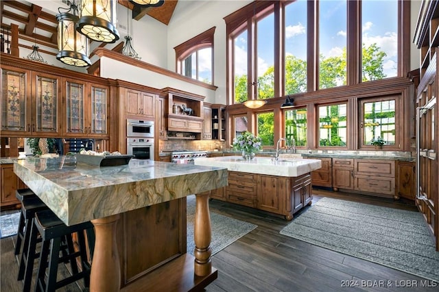 kitchen featuring light stone counters, stainless steel oven, dark hardwood / wood-style floors, a breakfast bar, and a kitchen island with sink