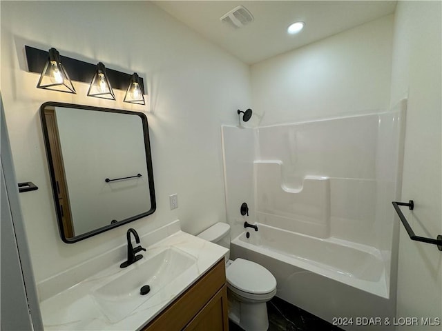 full bathroom with toilet, recessed lighting, vanity, visible vents, and shower / washtub combination