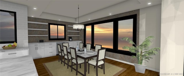 dining space featuring dark wood-type flooring and a raised ceiling