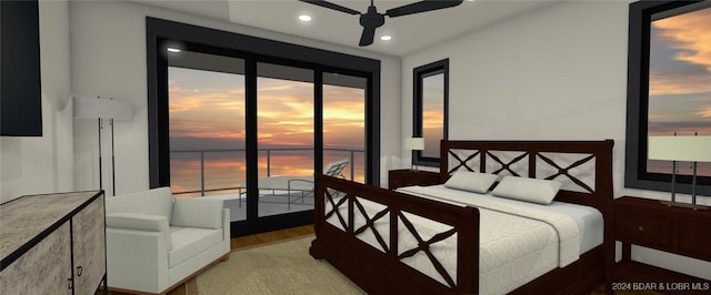 bedroom with a water view, ceiling fan, and wood-type flooring