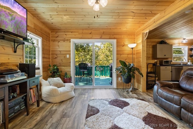 living room featuring light hardwood / wood-style flooring, wood walls, wooden ceiling, and plenty of natural light