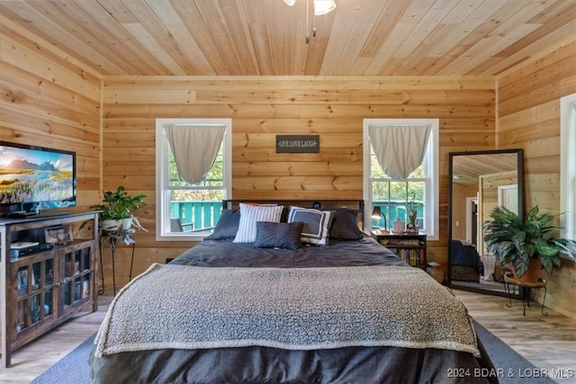 bedroom with hardwood / wood-style flooring, wooden ceiling, and multiple windows