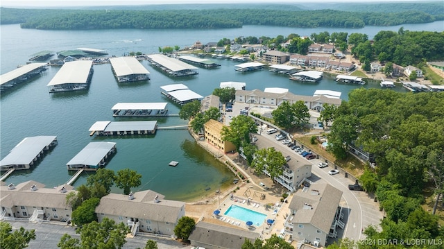 drone / aerial view featuring a water view