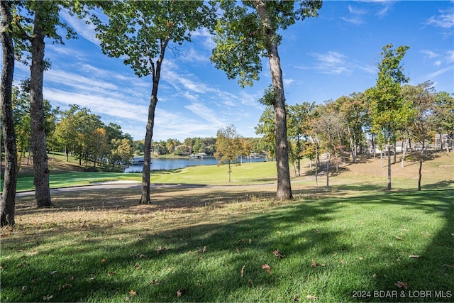 view of property's community with a water view and a lawn