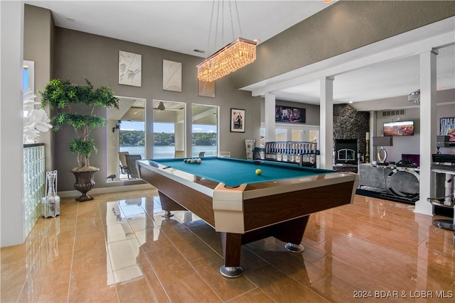 recreation room featuring a fireplace, tile patterned flooring, and billiards