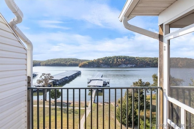 view of water feature with a dock