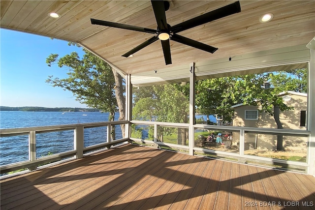 wooden terrace featuring ceiling fan and a water view