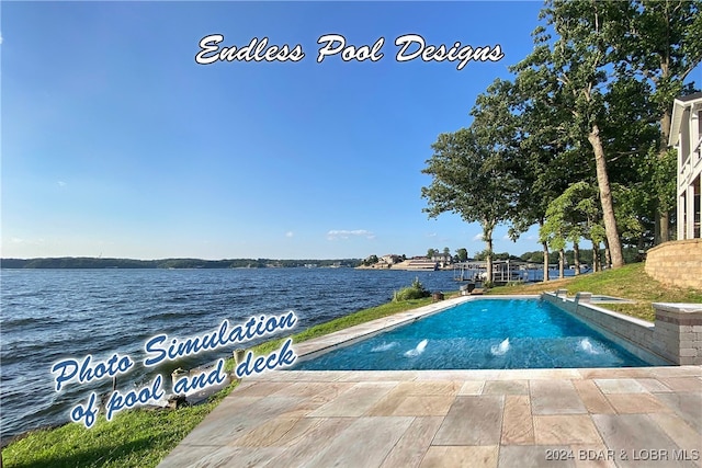 view of pool with pool water feature and a water view