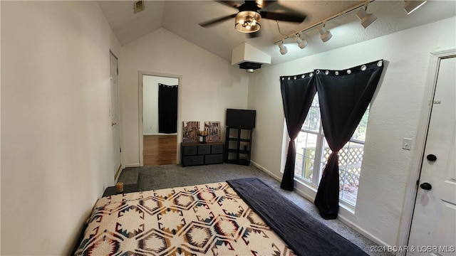 bedroom featuring lofted ceiling, ceiling fan, carpet floors, and track lighting