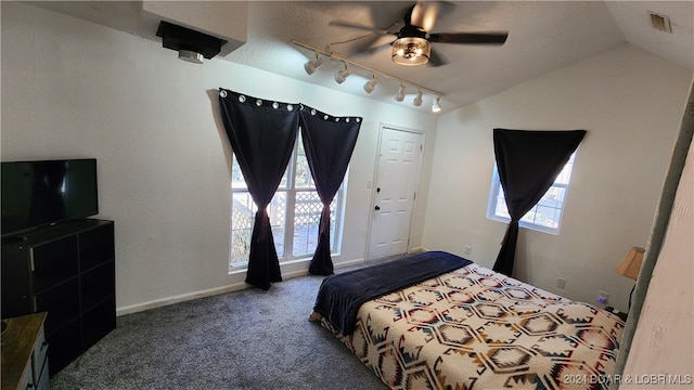 bedroom with carpet, ceiling fan, rail lighting, and vaulted ceiling