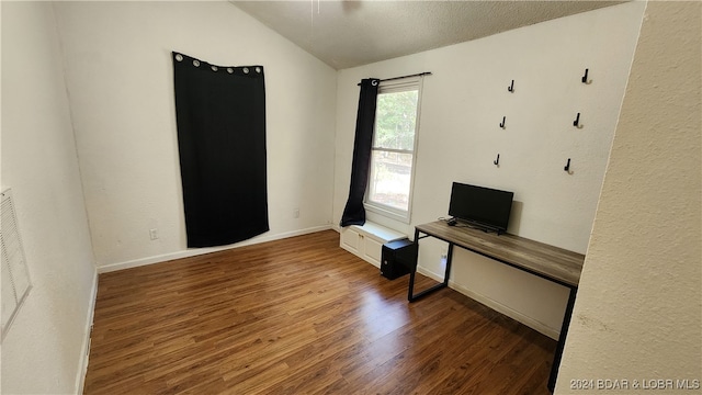 interior space featuring a textured ceiling, lofted ceiling, and dark hardwood / wood-style floors