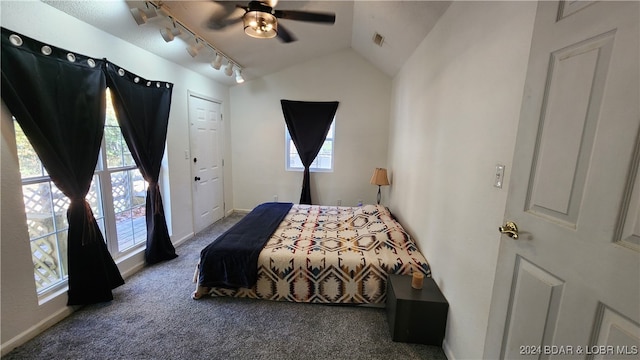 bedroom featuring ceiling fan, dark carpet, lofted ceiling, and multiple windows