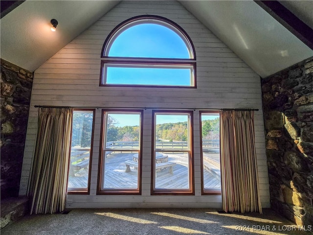 interior space with high vaulted ceiling, carpet, wooden walls, and a healthy amount of sunlight