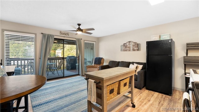 dining area with ceiling fan and light wood-type flooring