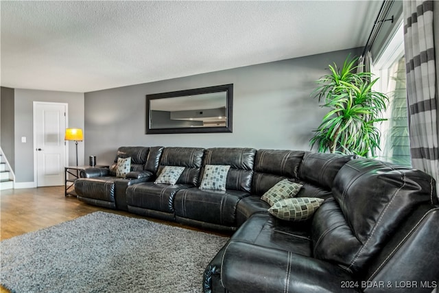 living room featuring hardwood / wood-style flooring and a textured ceiling