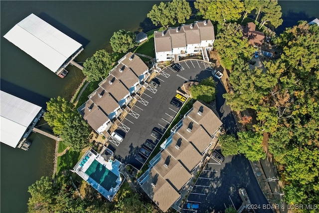 drone / aerial view with a water view