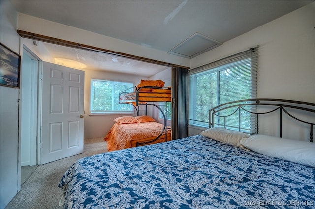 bedroom with light colored carpet