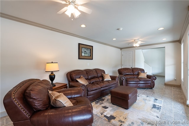 living room featuring ornamental molding and ceiling fan