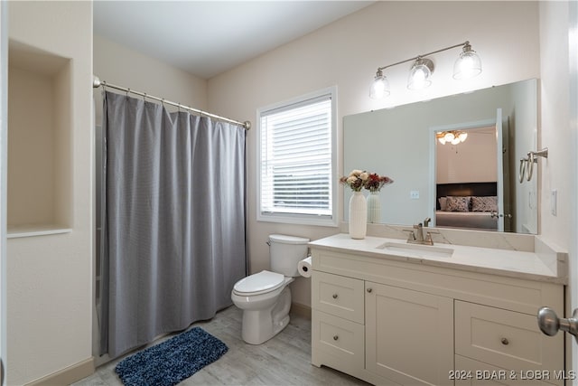 bathroom with vanity, hardwood / wood-style floors, and toilet