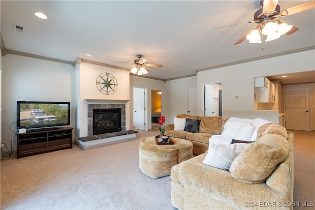 living room featuring light carpet, crown molding, and ceiling fan