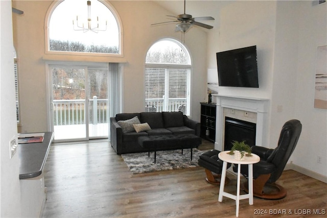 living area featuring a high ceiling, a fireplace, wood finished floors, and a healthy amount of sunlight