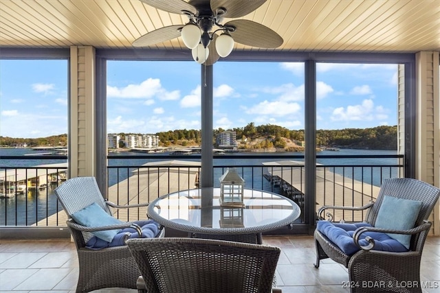 sunroom featuring a water view, ceiling fan, and wood ceiling