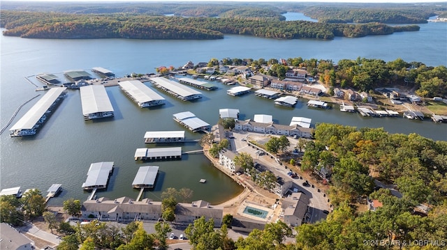 drone / aerial view with a water view