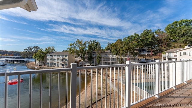 exterior space with a water view