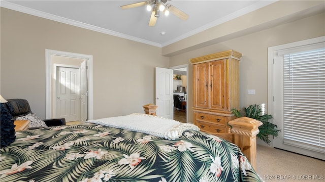 bedroom with crown molding, light carpet, and ceiling fan